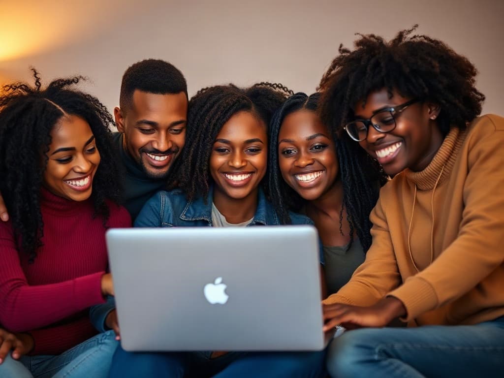 Four Black young adults — two men and two women — sitting together around a laptop, browsing BLACK SHOP.